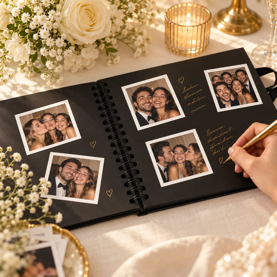 Livre d’or ouvert avec photos de mariage et messages manuscrits dorés