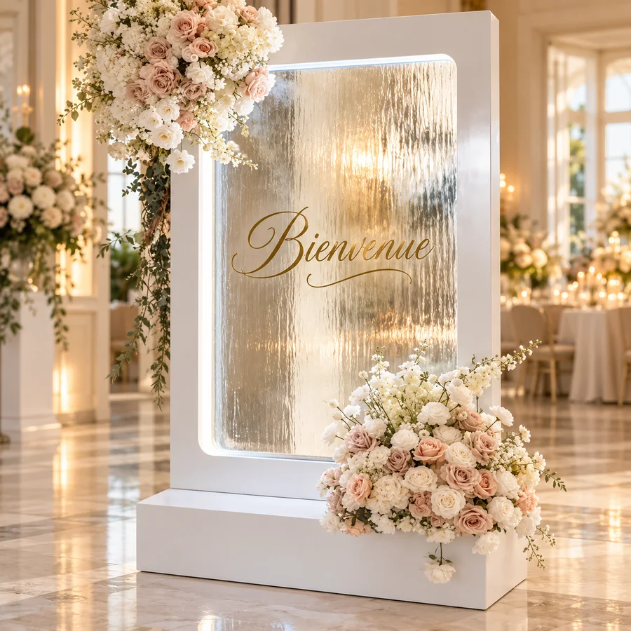 Panneau fontaine blanc de bienvenue avec rideau d’eau et compositions florales