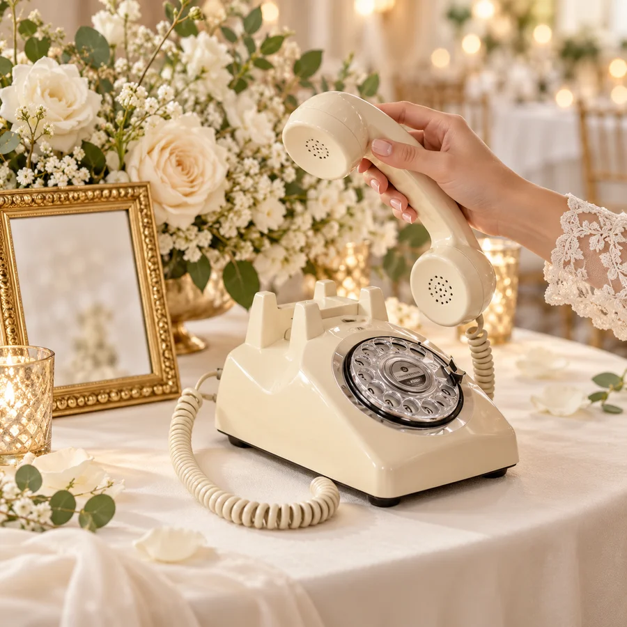 Téléphone rétro crème avec combiné décroché sur une table fleurie
