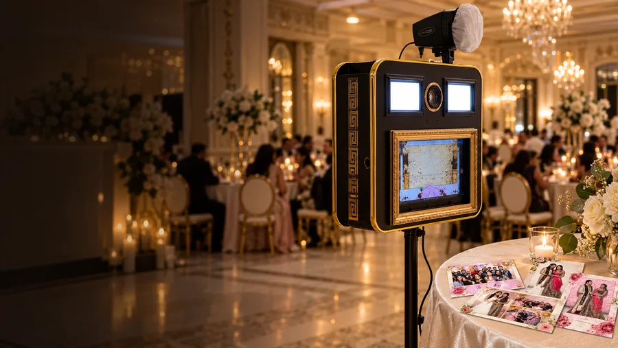 Photobooth noir et or avec des tirages sur une table, visuel de projection