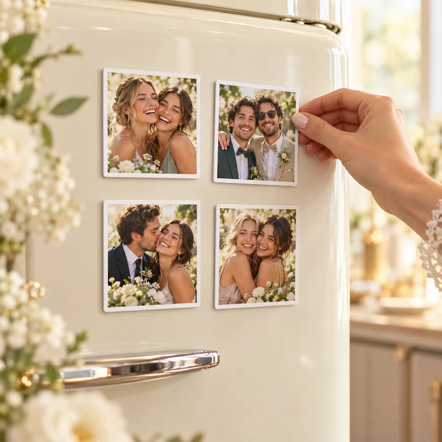 Quatre magnets photo personnalisés sur un réfrigérateur crème